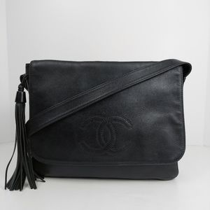 Chanel Lambskin Leather CC Tassel Shoulder Flap Black Bag